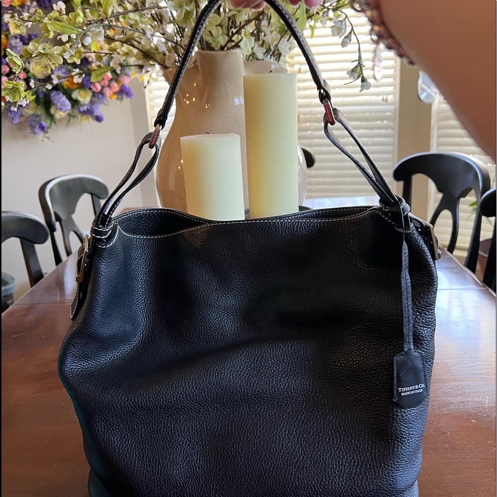 Tiffany & Co black leather hobo handbag